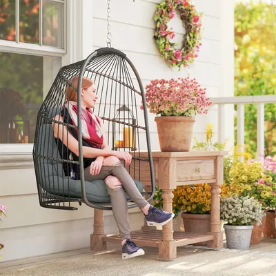 Produktbild von Hängesessel Hängekorb PE-Rattan faltbar, Egg Chair Schaukel Outdoor Indoor, Polyrattan Stahl, Dunkelgrau | 74x68x105 cm | bis 150 kg | 360°-Drehhaken