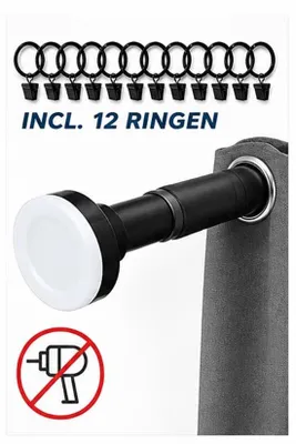 Produktbild von Unyqoos® Woonzinnig Verstellbare Gardinenstange ohne Bohren 70–120 cm, Edelstahl Ø 2,5 cm, inkl. 12 Metallringe, Schwarz, Tragkraft 30 kg
