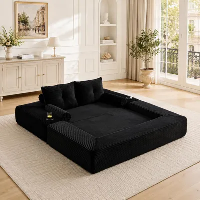 Immagine prodotto di Poltrona relax MODFU con cuscino per lo schienale, tasche laterali e portabevande, divano a 2 posti in velluto a coste, divano modulare con braccioli rimovibili, trasformabile in letto, nero