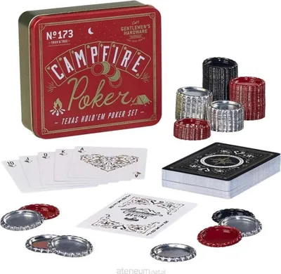 A poker set is displayed on a white background, including the tin case, playing cards, and poker chips.
