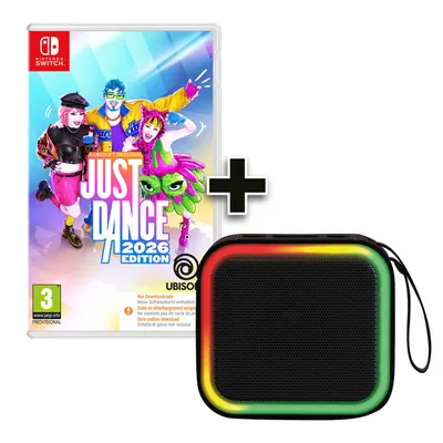 A Nintendo Switch game case and a portable speaker are shown together with a plus sign in between them.