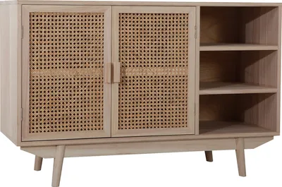 Produktbild von SalesFever Sideboard mit Rattan Front | 2 Türen, 3 offene Fächer | Korpus MDF | Beine Paulownia Holz | B 100 x T 36 x H 65 cm | natur