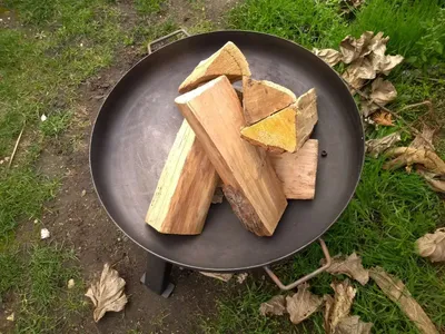 A fire pit filled with logs, sitting on grass.