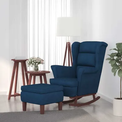 Image de The Living Store Fauteuil à bascule et tabouret avec pieds en bois Bleu velours