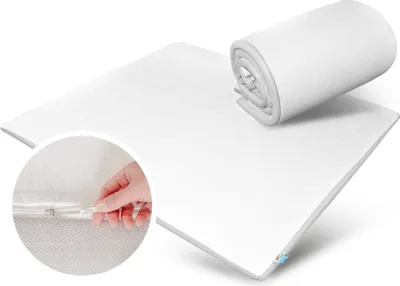 A white mattress topper is shown flat on a white surface, with a portion rolled up. A close-up inset shows a hand zipping up a cover.