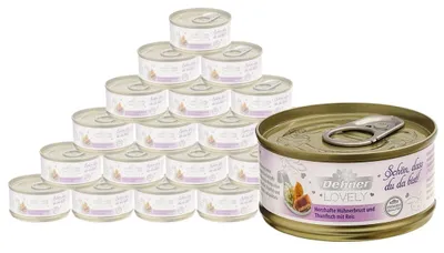 Produktbild von Dehner Premium Lovely Katzenfutter, Nassfutter glutenfrei, für ausgewachsene Katzen, Hühnerbrust / Thunfisch / Reis, 24 x 70 g Dose (1.68 kg)