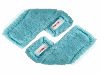 Two blue mop heads with white labels are arranged diagonally on a white background.