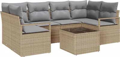 Produktbild von vidaXL Sofa Set mit Kissen 7 pcs Beige und Grau Poly Rattan