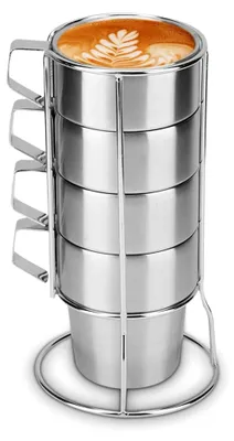 Produktbild von 4 Stück Edelstahl Doppelwandige Kaffeetassen Set mit Ständer, Stapelbare Espressotassen für Zuhause und Café