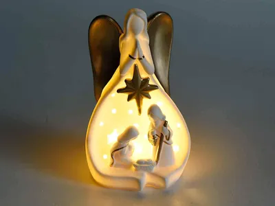 Krippe aus weißem Keramik, LED-Lichter, 10,5 x 9 x 18 cm