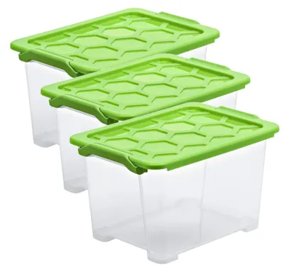 Produktbild von Rotho Evo Safe Keeping 3er-Set Aufbewahrungsbox 15l mit Deckel, lebensmittelechter Kunststoff (PP) BPA-frei, transparent/grün, 15l (39.3 x 28.3 x 23.0 cm)