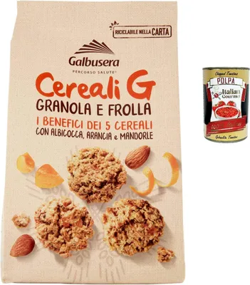Produktbild von 6x Galbusera Cereali G Granola e Frolla Shortbread-Kekse mit Müsli und Obst mit Aprikose, Orange und Mandeln cookies biscuits 300g + Italian Gourmet polpa 400g