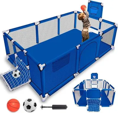 Productafbeelding van Unyqoos® Looprek met voetbal- en basketbalset, inklapbaar, 180 x 120 x 60 cm, ademend net – Speelparadijs en activiteitencentrum voor baby's