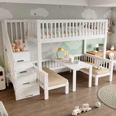 Obrázek produktu pro MODFU patrová postel dětská postel 90x200cm/120x200cm se schody, podkrovní postel s ochranou proti vypadnutí, patrová postel z masivního dřeva s nastavitelným stolem, rám postele pro mládež z borovicového dřeva, bílý