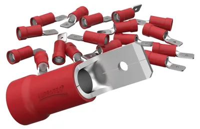 Productafbeelding van AUPROTEC 100x platte stekker, 0,5-1,5 mm², rood/stekbreedte 4,8 mm, geïsoleerd PVC, mannelijke connector, MDD, koperen kabelconnector, verzild