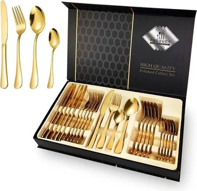 Productafbeelding van Unyqoos® Bestekset, 24-delig – Spiegelglad gepolijst roestvrijstalen bestek voor 6 personen (goudkleurig), inclusief messen, vorken, lepels, theelepels en cadeauverpakking