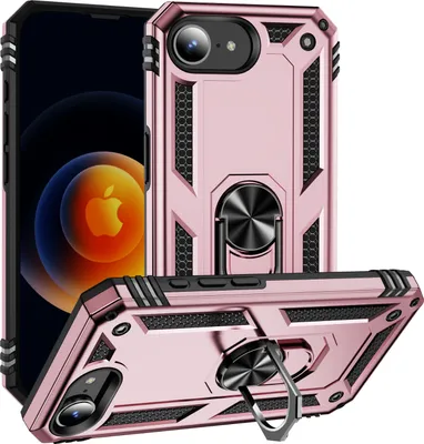 A rose gold iPhone case with a ring holder is shown from multiple angles, with a phone screen visible in the background.