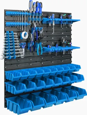Produktbild von botle Wandregal Lagersystem, Kunststoff, 77 x 78 cm, 24 Sichtlagerkästen, Blau, für Werkstatt und Garage, UV- und frostbeständig, lebensmittelecht, schlagfest, leicht und stabil, modular erweiterbar, für Profis und Heimwerker