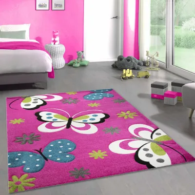 Image de Tapis coloré pour chambre d'enfant avec des papillons roses - Dimensions : 80 x 150 cm