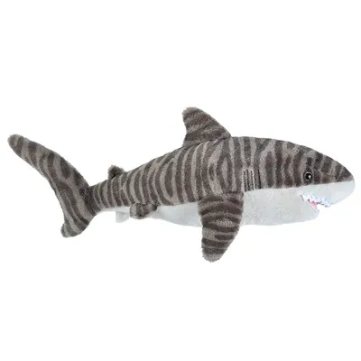 A plush toy tiger shark is shown against a white background.