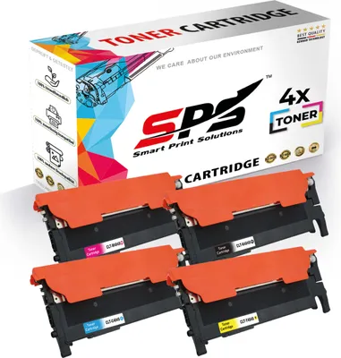 A box of toner cartridges with four cartridges visible underneath.