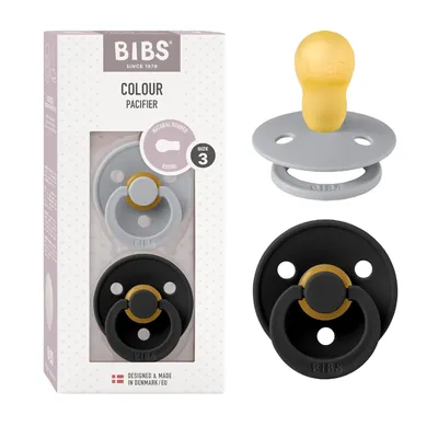 Produktbild von BIBS Colour Schnuller 2er-Pack, BPA-frei, Kirschform Nippel. Naturkautschuk / Latex, Hergestellt in Dänemark. Größe 3 (18+ Monate), Cloud / Black