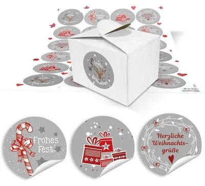 Produktbild von 24 kleine weiße Geschenk-Schachtel mini Weihnachten Geschenkboxen 8 x 6,5 x 5,5 + 24 rot graue Weihnachts-Aufkleber Verpackung Kundengeschenk give-away weihnachtliche Geschenk-Box