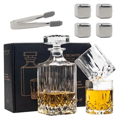 Whiskykaraffe Geschenkset mit 2 Gläsern, 4 Steinen & Zange