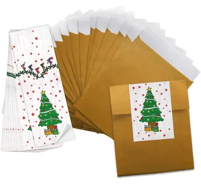 Produktbild von Logbuch-Verlag 10 kleine goldene Mini Papiertüten 13 x 18 cm + 25 Weihnachtsaufkleber grün weiß rot Weihnachtsbaum - Verpackung Papiertütchen Schmuckbeutel Weihnachten Give-Away Geld9,5 x 14 cm / 10 Stück