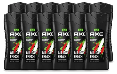 Immagine prodotto di 12 flaconi di gel doccia 3-in-1 Axe Africa, fragranza mandarino e sandalo, 250 ml. Confezione da 12 pezzi