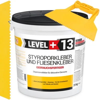 Obrázek produktu pro Sada lepidla na polystyren připravená k použití 20 kg Bílé dekorativní lepidlo na dlaždice LEVEL+13 a plastová stěrka s trojúhelníkovým hrotem 5 mm