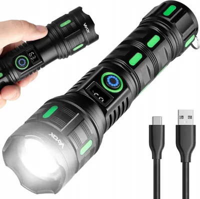 A hand holding a flashlight, with another flashlight and charging cables shown.