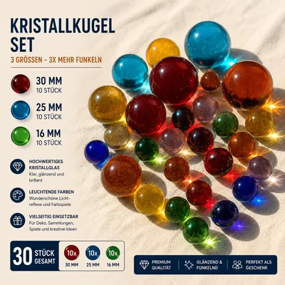 Produktbild von 22 Stück Kristallglas Murmeln bunt – 4x 30 mm, 4x 25 mm & 14x 16 mm – Glaskugeln Kristallkugeln Deko & Murmel Mix, KI-generiertes Bild