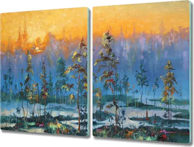 Produktbild von Coloray Hackbrett Kochplattenabdeckung Herdabdeckplatte 2x40x52 cm Schneidebrett Küchenbrett - Malerei Wald Sonnenuntergang