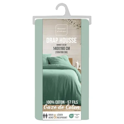 Image de Drap housse - Douceur d'Intérieur - Gaze de coton - 190x140cm - Sauge
