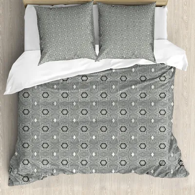 Produktbild von ABAKUHAUS geometrisch Bettbezug Set, Ethnische Themed Hatched Motive mit Streifen und Blumeneinzelteile, 155 x 220 cm + 80 x 80 cm, Salbeigrün Grau