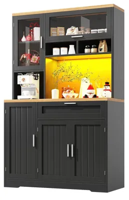 Immagine prodotto di Armadio alto da cucina, altezza 180 cm, con illuminazione a LED e porta in vetro, colore nero