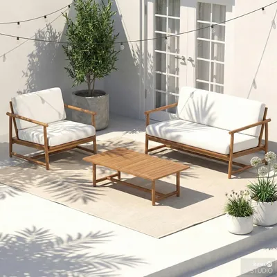 Produktbild von home24 Loungegruppe - 3-teilig - Akazie massiv / Webstoff - Akazie Braun / Creme