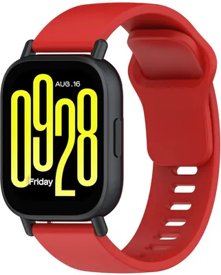 A smartwatch with a red strap and a black casing is shown against a black background. The watch face displays the time '09:28' in large yellow digits, along with the date 'AUG. 16' and the day 'Friday'.