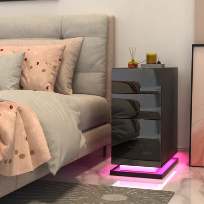 Image de Table de nuit avec éclairage LED avec 3 tiroirs 62x53x30cm noir