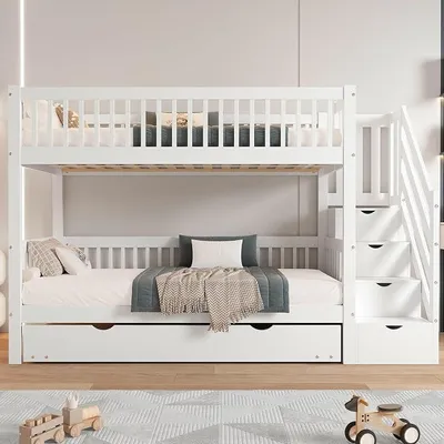 Productafbeelding van Kinderbed, stapelbed 90x200 cm met uitschuifbaar bed, hoogslaper met trap en opbergruimte, huisbed met lattenbodem van hout en valbeveiliging voor 2-3 kinderen, wit, zonder matras