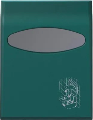 Grüner Spender für WC-Sitzauflagen mit ovalem Sichtfenster und weißer Grafik der Anwendung