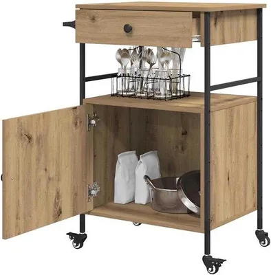 Image de Chariot de cuisine - Organisation de cuisine - Avec plateau et placard - 56 x 43 x 89 cm - Bois de cuisine