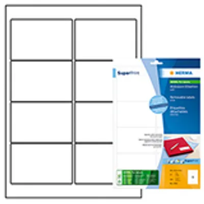 Produktbild von Mehrzwecketikett Herma SuperPrint 4350 - 96 mm Breite x 63,50 mm Länge - Ablösbar Kleber - Rechteck - Laser, Tintenstrahl, Nadeldruck - Weiß - Papier - Selbstklebend, Lösemittelfreier Klebstoff, Chlorfrei - 8 / Blatt - 200 / Pack