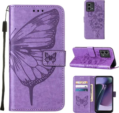 Produktbild von Lederhülle für Motorola Moto G Stylus 5G (2023) Schmetterling Prägung Flip Ledertasche Kartenfächer Handyhülle mit Ständer Violett
