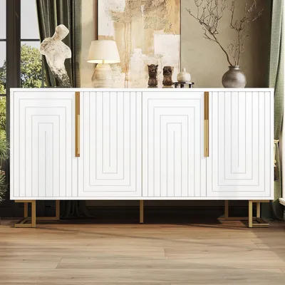 Image de Buffet avec 2 portes, 4 étagères, design géométrique, blanc, 152x40x75 cm