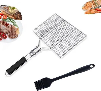 Produktbild von Famanu Grillkorb tragbar - Edelstahl klappbar mit Holzgriff - für Fisch, Gemüse, Fleisch - 32 x