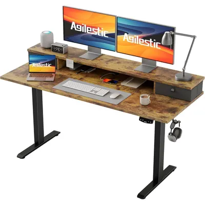 Productafbeelding van Verstelbaar bureau met 2 lades, 140 x 60 cm, elektrisch, ergonomisch zit-sta bureau, bruin