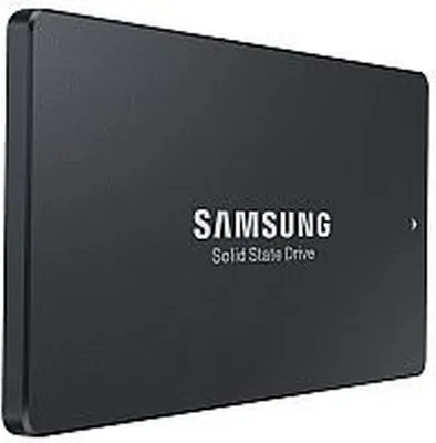 A black Samsung Solid State Drive is shown at an angle against a black background.