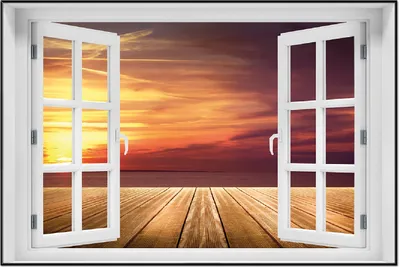 Produktbild von Wallario Wandbild mit Fenster-Illusion: Steg am See - Sonnenuntergang und roter Himmel, Größe: 61 x 91,5 cm, Poster mit schwarzem Aluminiumrahmen